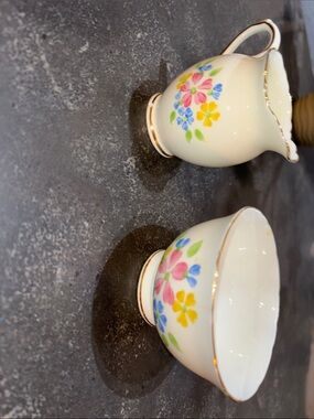 Cream Floral Porcelain Sugar Bowl and Creamer Set with Gold Trim